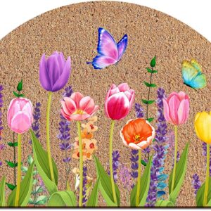 Ceenna Spring Doormat Outdoor Half Round Flowers Butterfly Welcome Doormat Outdoor Spring Coir Mat with Non Slip Backing Tulip Rugs for Front Porch Home Garden Entrance Decor, 16 x 24 Inches
